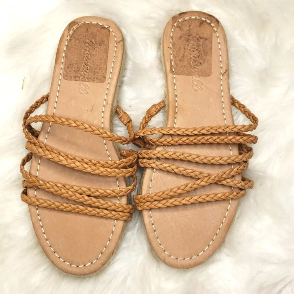 MADEWELL Strappy Espadrille Sandals in Braided Leather Amber Brown 5 NEW